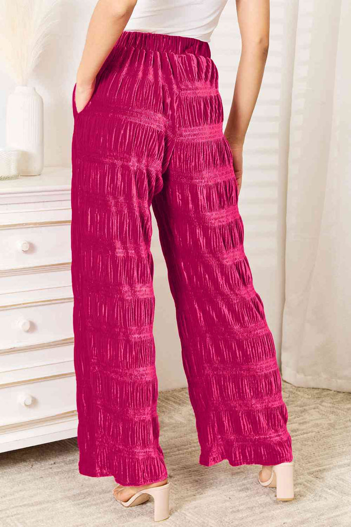 Full Size High Waist Tiered Shirring Velvet Wide Leg Pants