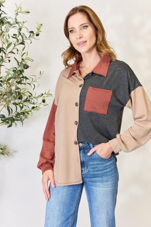 Full Size Color Block Button Down Shacket