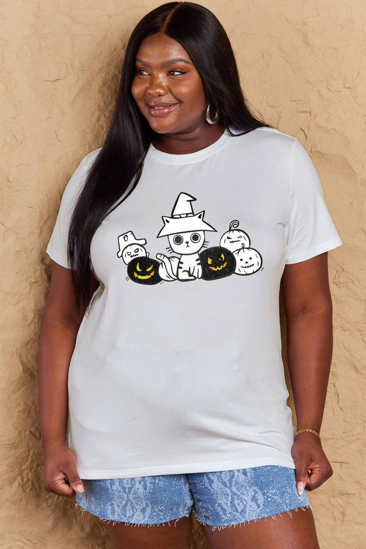Full Size Cat & Pumpkin Graphic Cotton T-Shirt