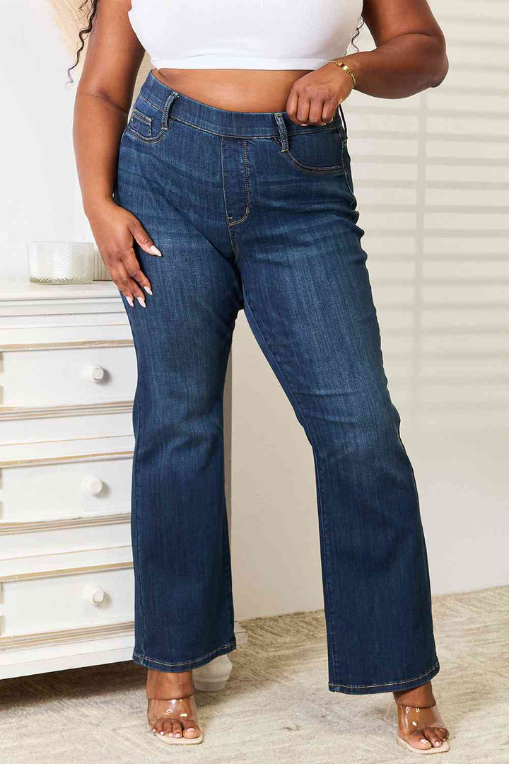 Full Size Elastic Waistband Slim Bootcut Jeans
