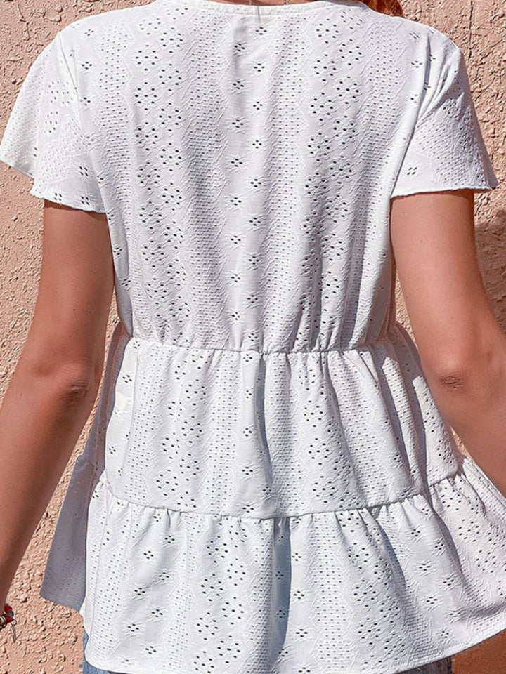 Button Front Eyelet Flutter Sleeve Tiered Blouse