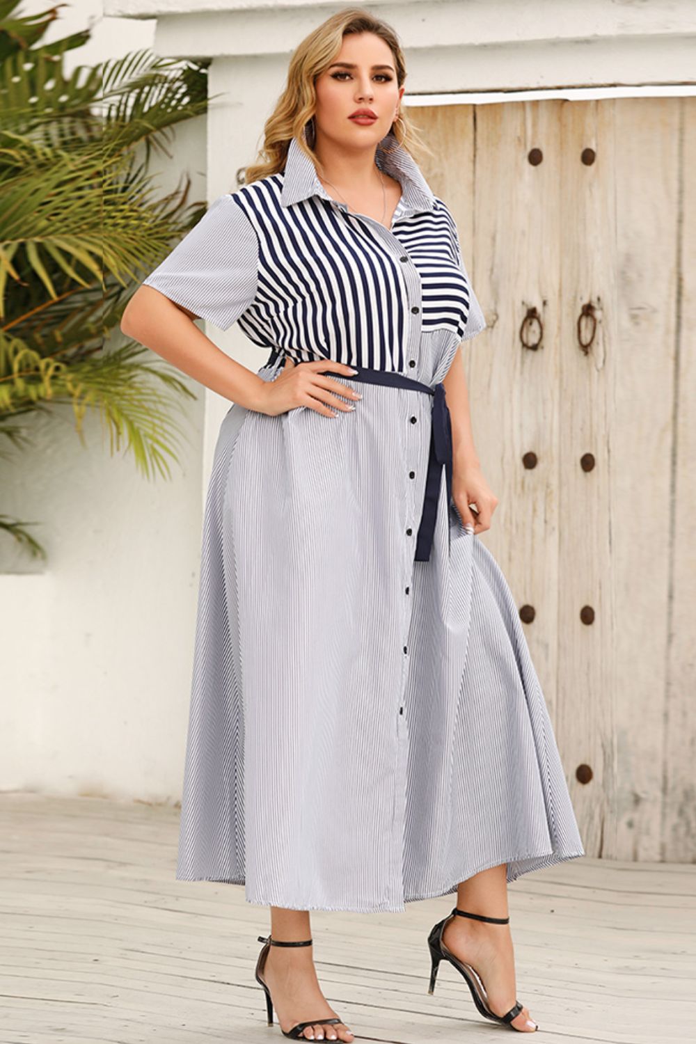 Plus Size Striped Belted Button-Up Shirt Dress