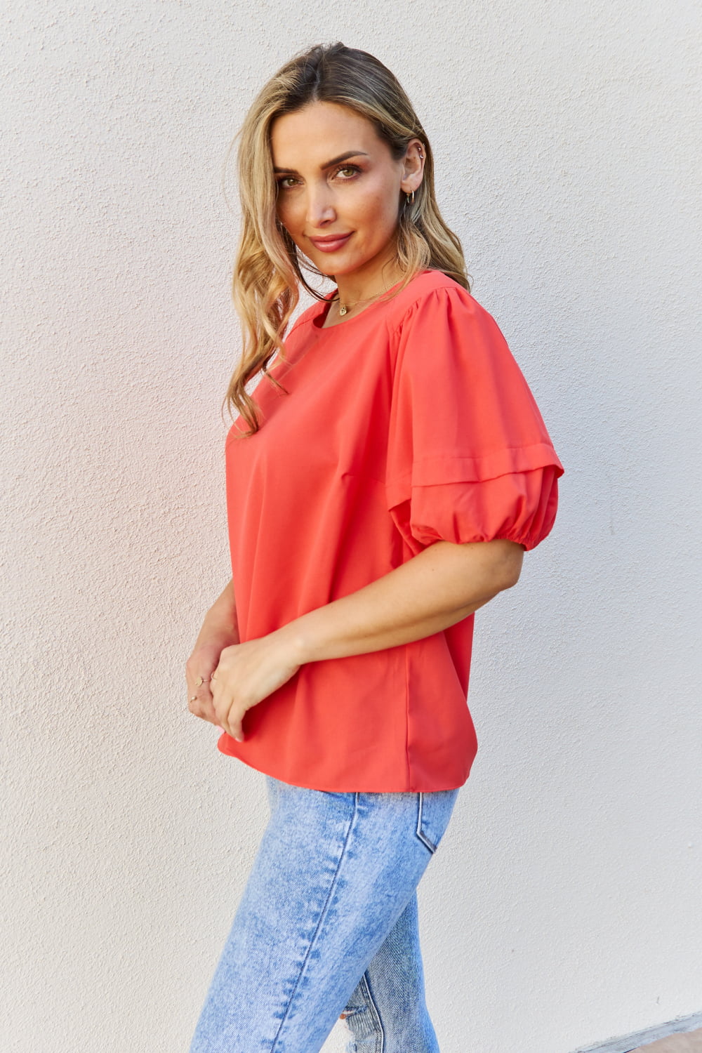 Sweet Innocence Full Size Puff Short Sleeve Top In Tomato