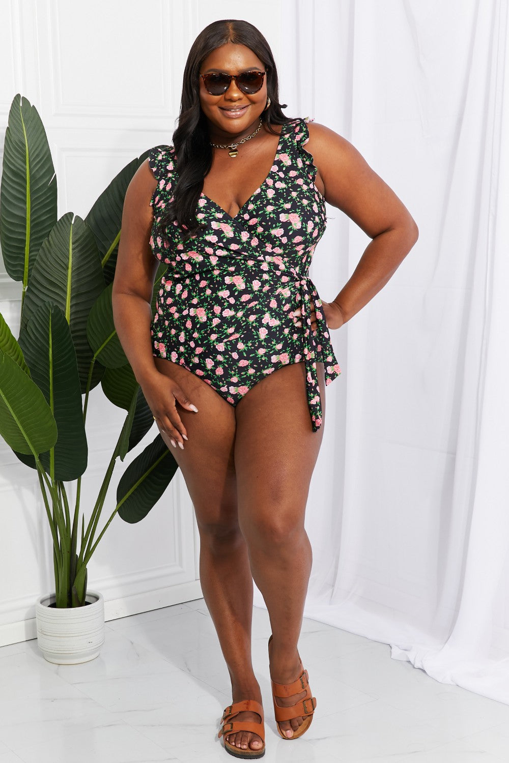 Full Size Float On Ruffle Faux Wrap One-Piece in Floral