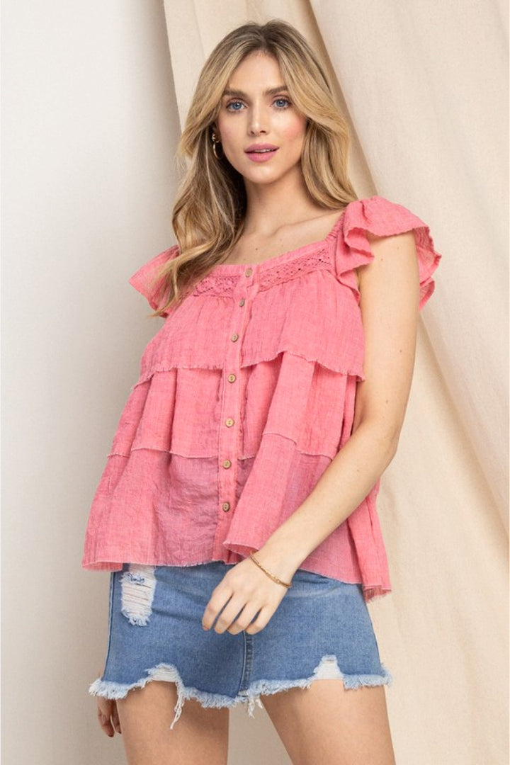 Full Size Buttoned Ruffled Top