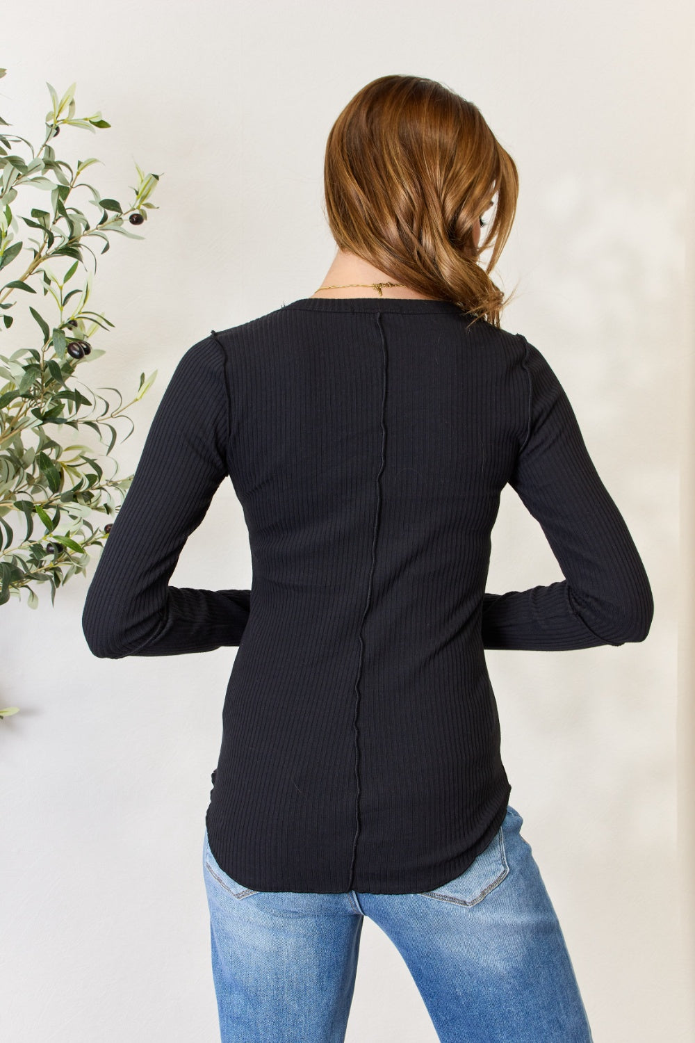 Full Size Ribbed Round Neck Long Sleeve Top