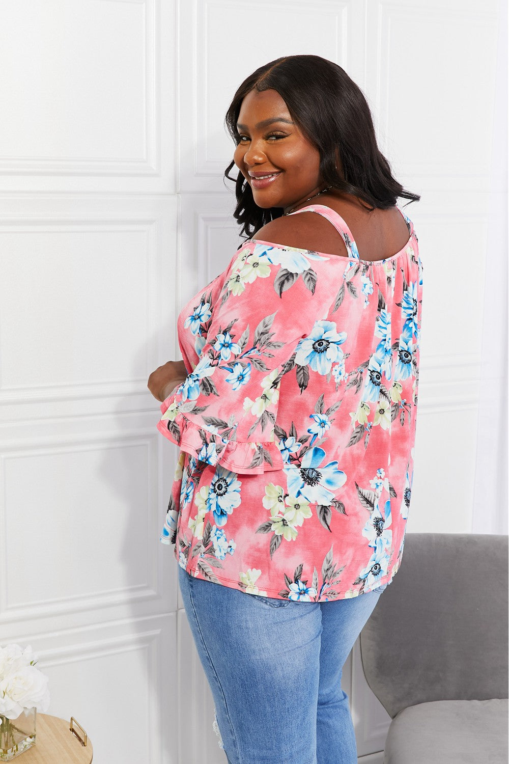 Full Size Fresh Take  Floral Cold-Shoulder Top