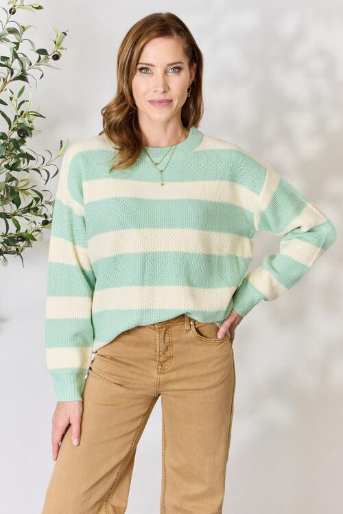 Full Size Contrast Striped Round Neck Sweater