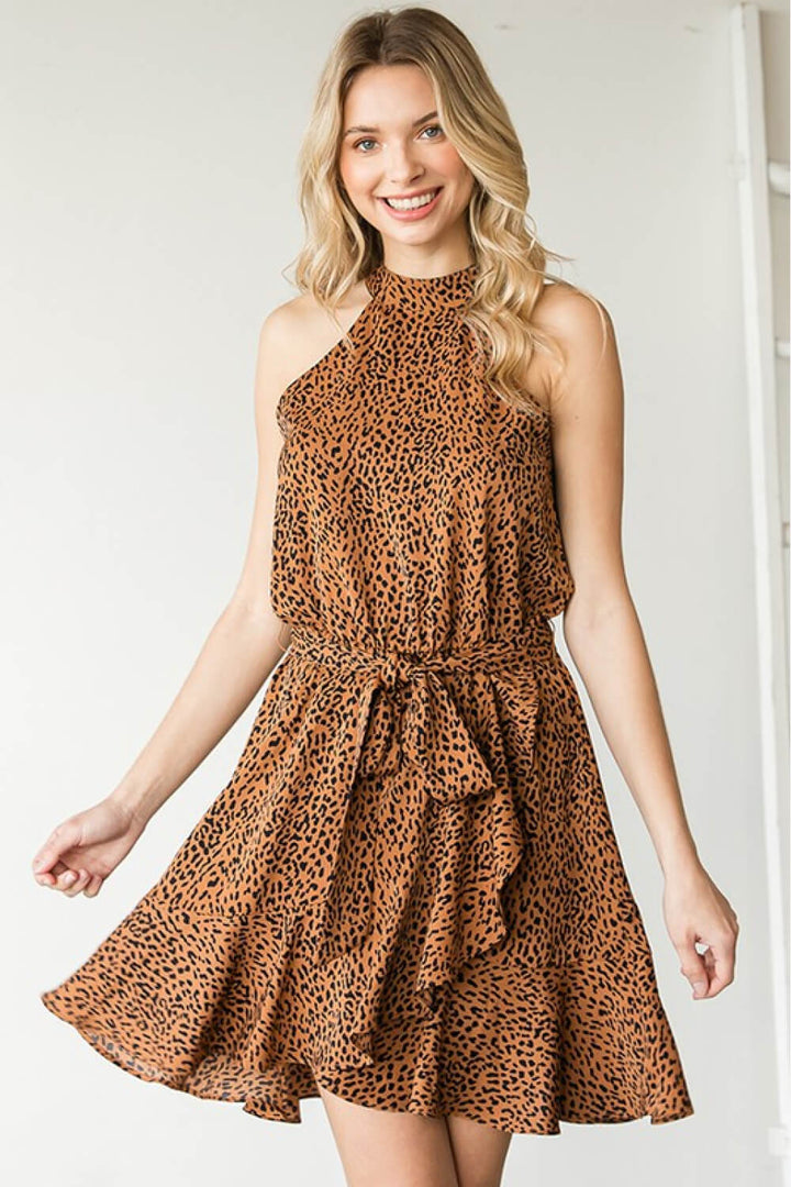 Full Size Leopard Belted Sleeveless Dress