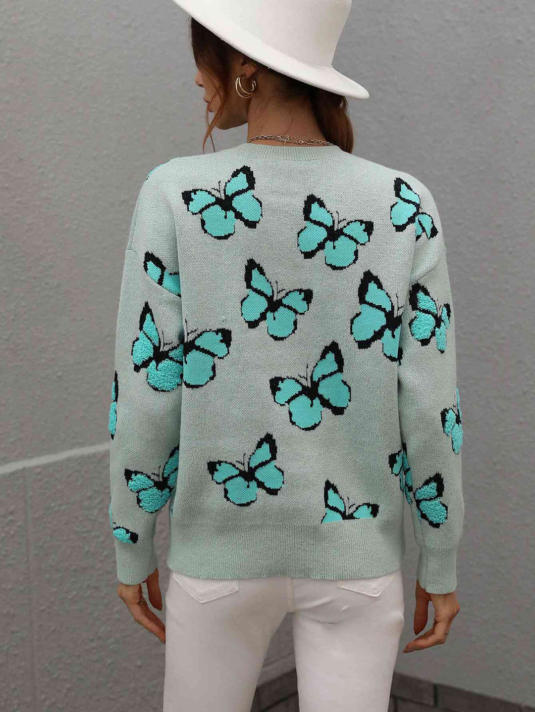 Woven Right Butterfly Dropped Shoulder Crewneck Sweater