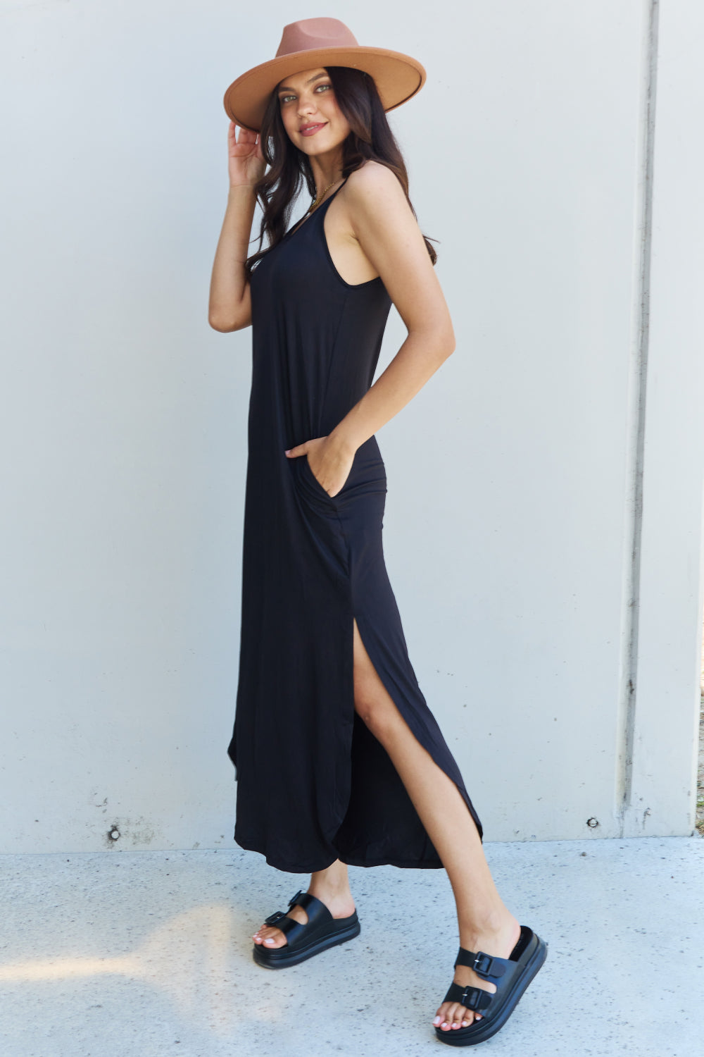 Good Energy Full Size Cami Side Slit Maxi Dress in Black