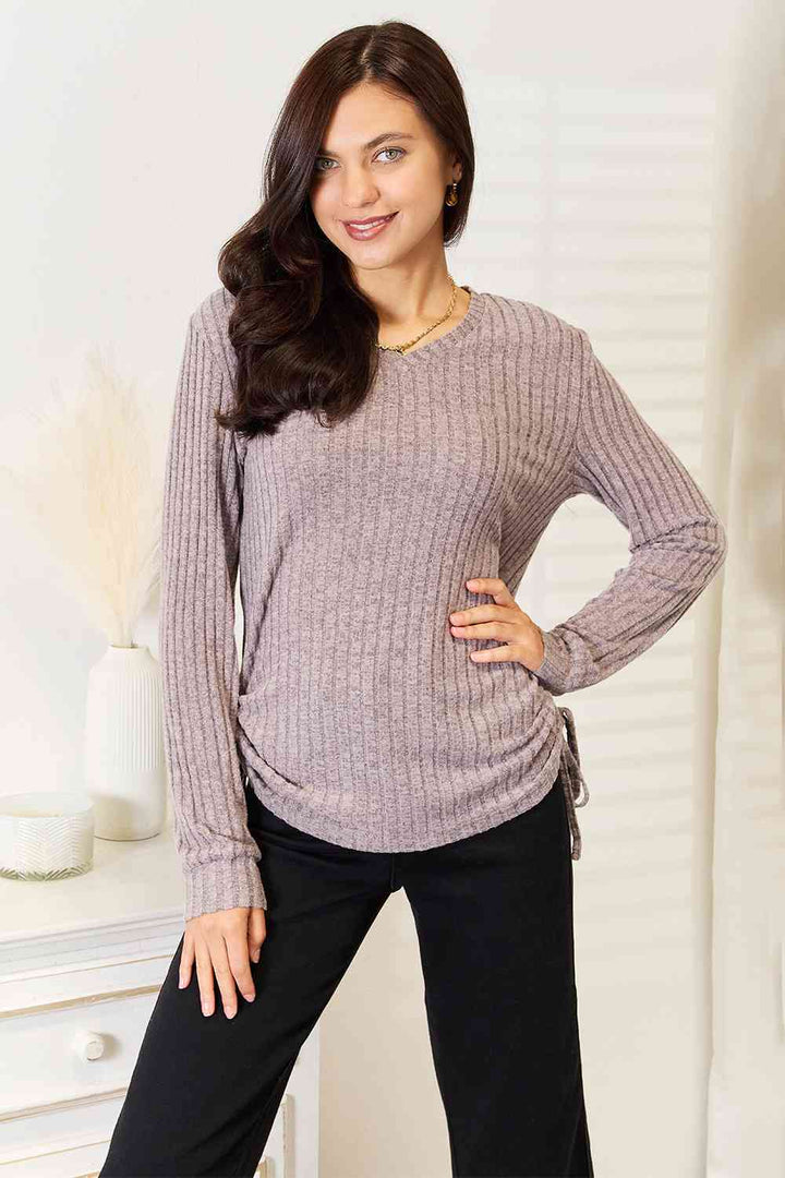 Drawstring Ribbed Long Sleeve T-Shirt