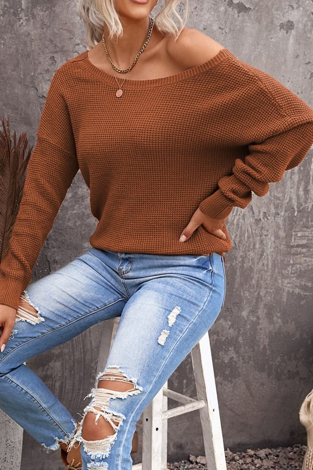 Heathered Long Lantern Sleeve Rib-Knit Sweater