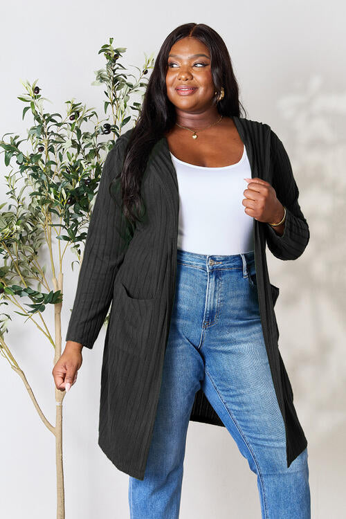 Full Size Ribbed Open Front Long Sleeve Cardigan