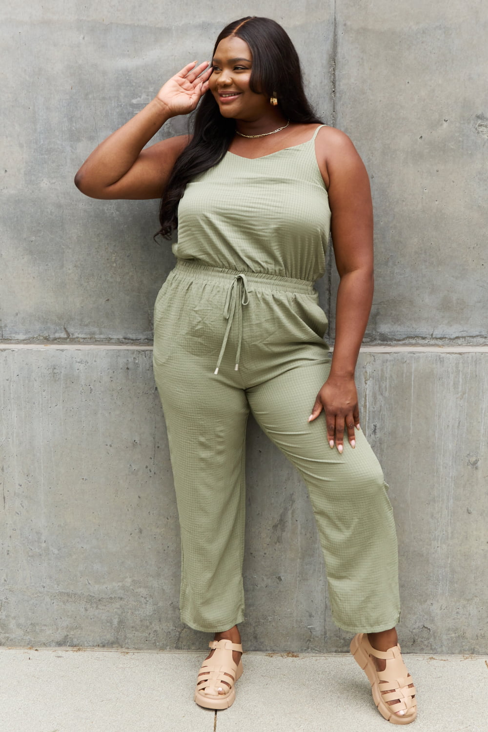 Full Size Textured Woven Jumpsuit in Sage