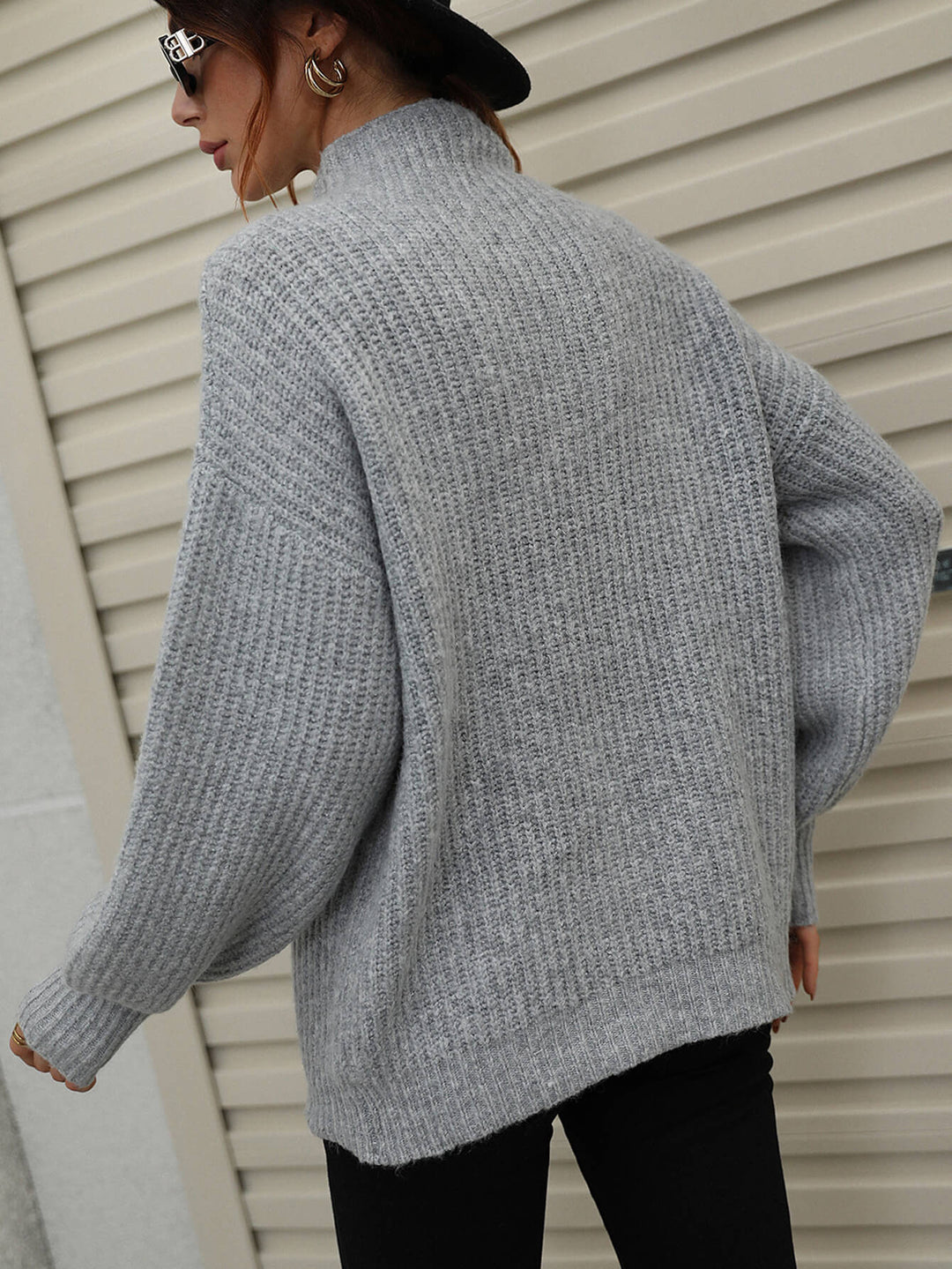 High Neck Balloon Sleeve Rib-Knit Pullover Sweater