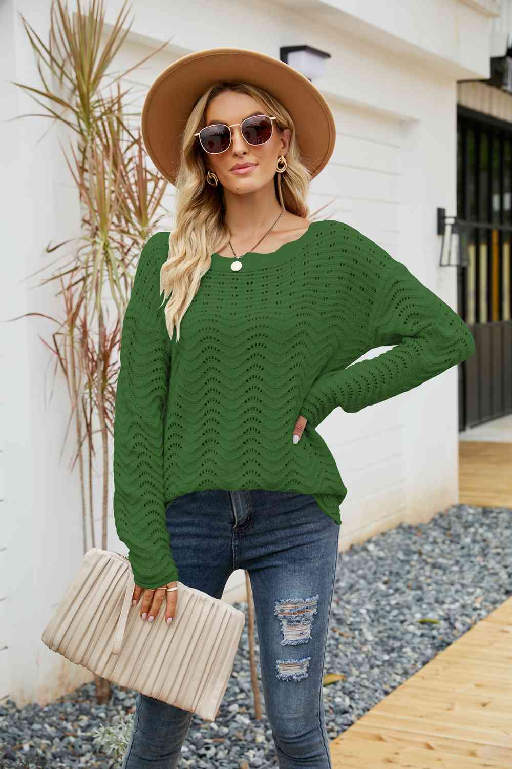 Woven Right Scalloped Boat Neck Openwork Tunic Sweater