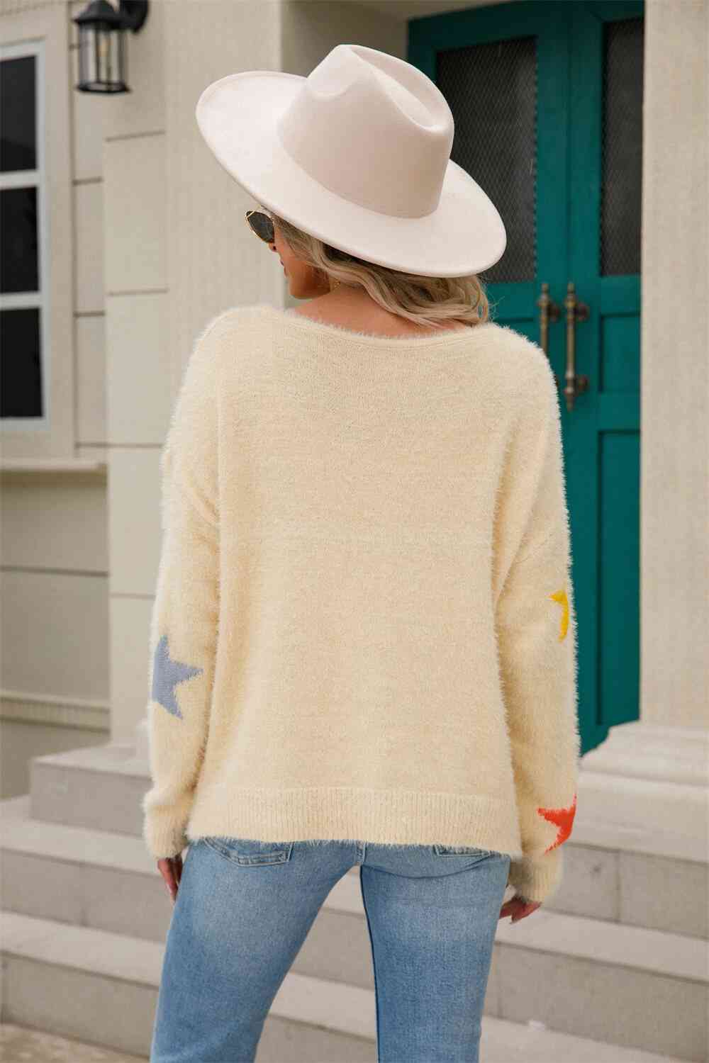 Star Pattern Round Neck Fuzzy Sweater