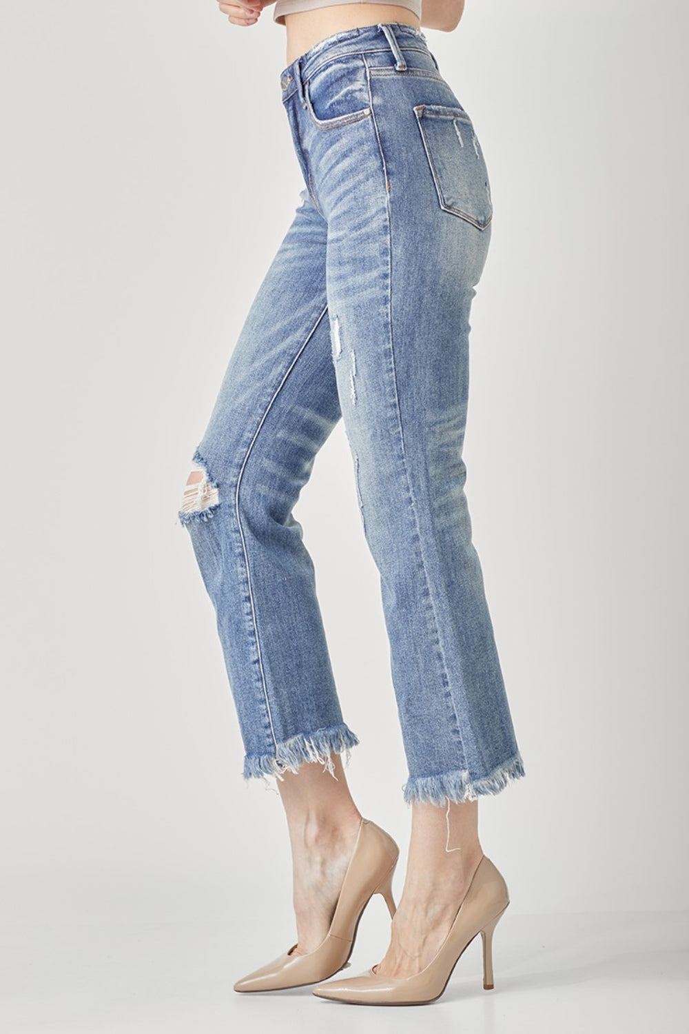 High Waist Distressed Cropped Bootcut Jeans