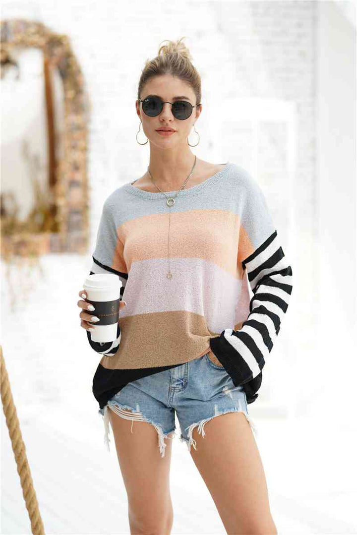 Striped Ribbed Trim Bell Sleeve Sweater