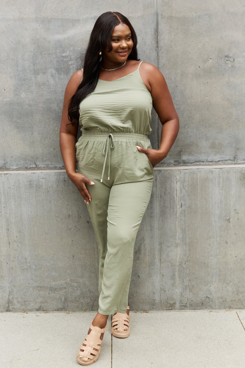 Full Size Textured Woven Jumpsuit in Sage