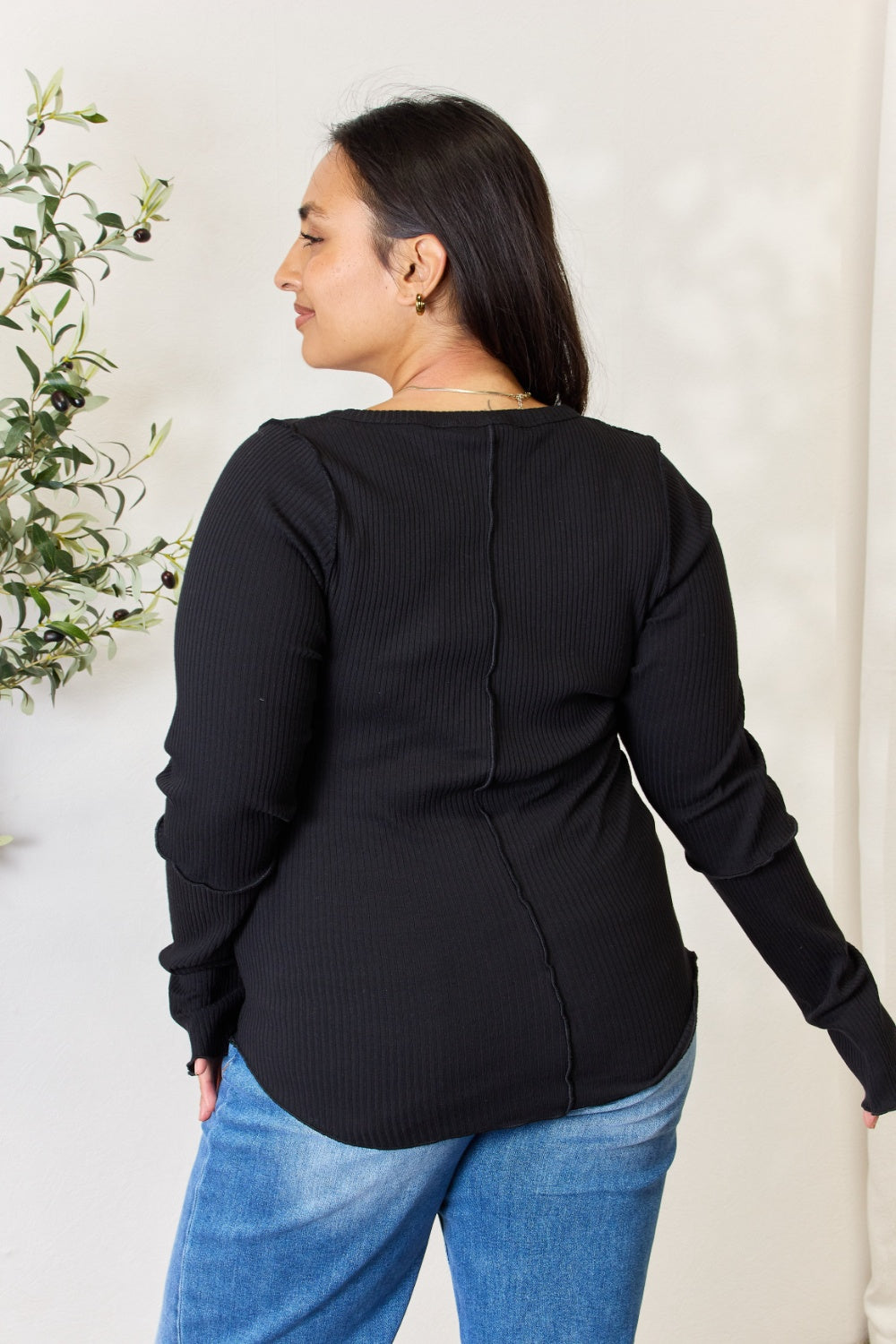 Full Size Ribbed Round Neck Long Sleeve Top