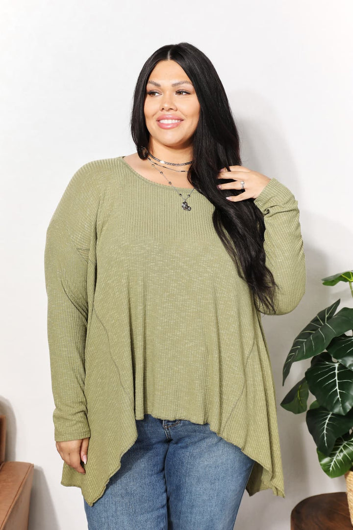 Full Size Oversized Super Soft Rib Layering Top with a Sharkbite Hem and Round Neck