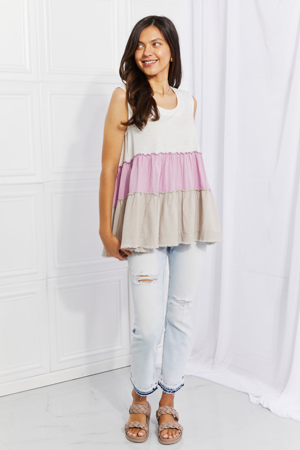 Full Size Watching the Sunset Color Block Babydoll Top