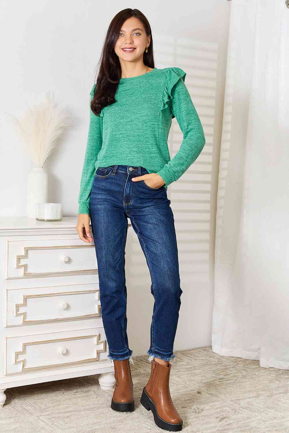 Ruffle Shoulder Long Sleeve T-Shirt