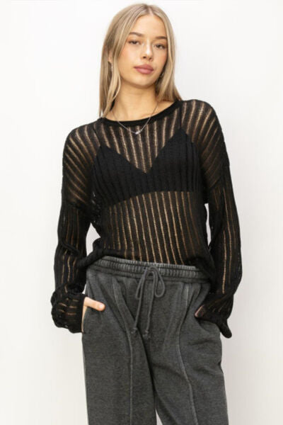 Openwork Ribbed Long Sleeve Knit Top