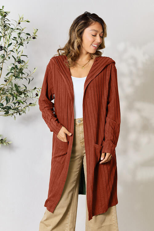 Full Size Ribbed Open Front Long Sleeve Cardigan