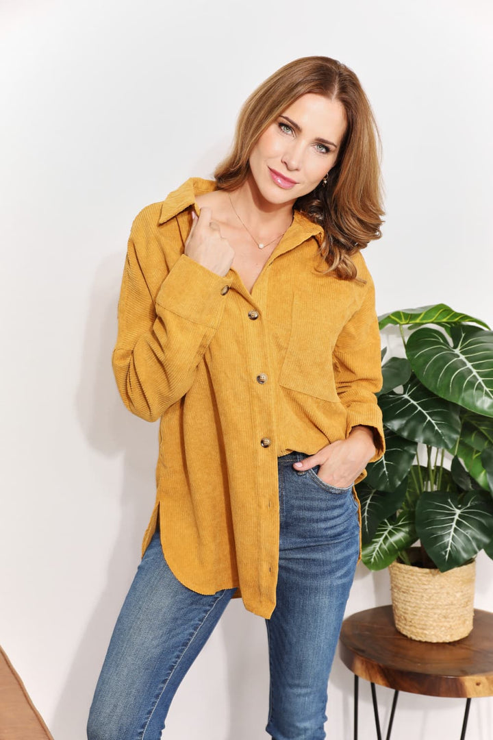 Full Size Oversized Corduroy  Button-Down Tunic Shirt with Bust Pocket