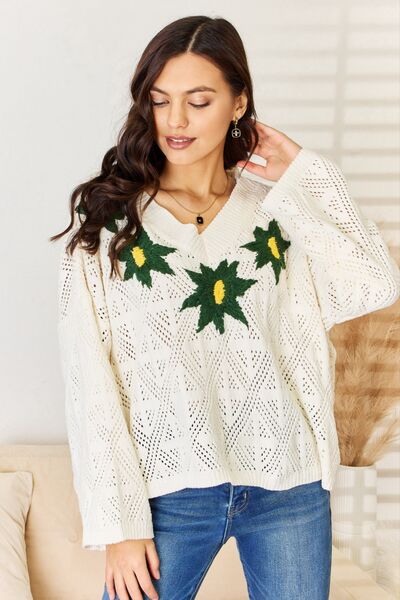 Floral Embroidered Pattern V-Neck Sweater