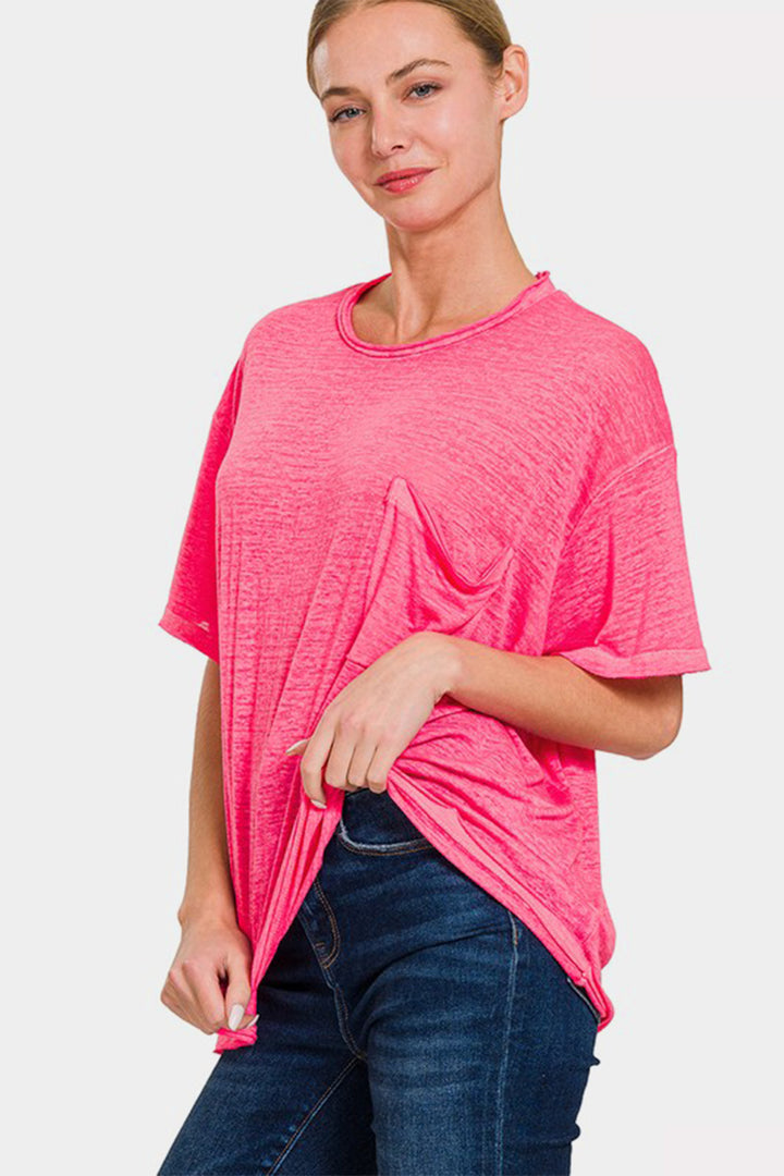 Pocketed Round Neck Dropped Shoulder T-Shirt