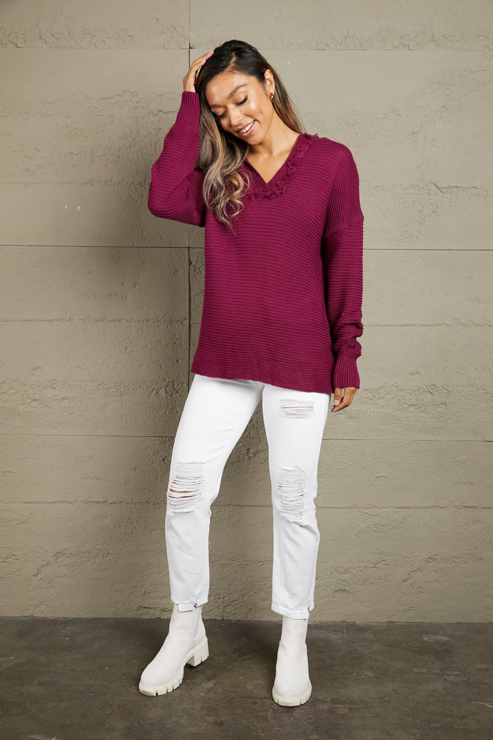 Horizontal Ribbing Fringe Trim Hooded Sweater