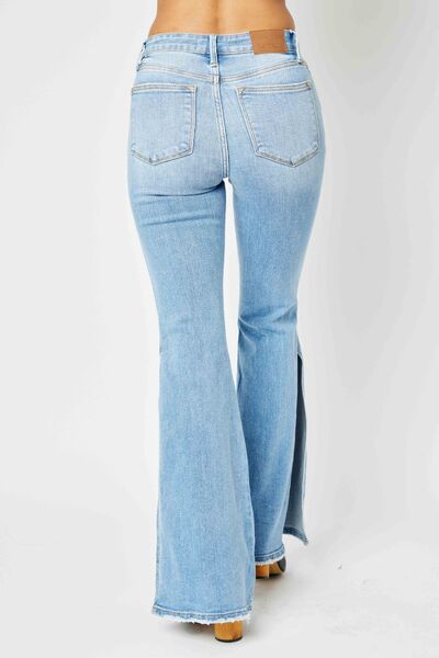 Full Size Mid Rise Raw Hem Slit Flare Jeans