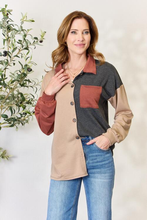 Full Size Color Block Button Down Shacket