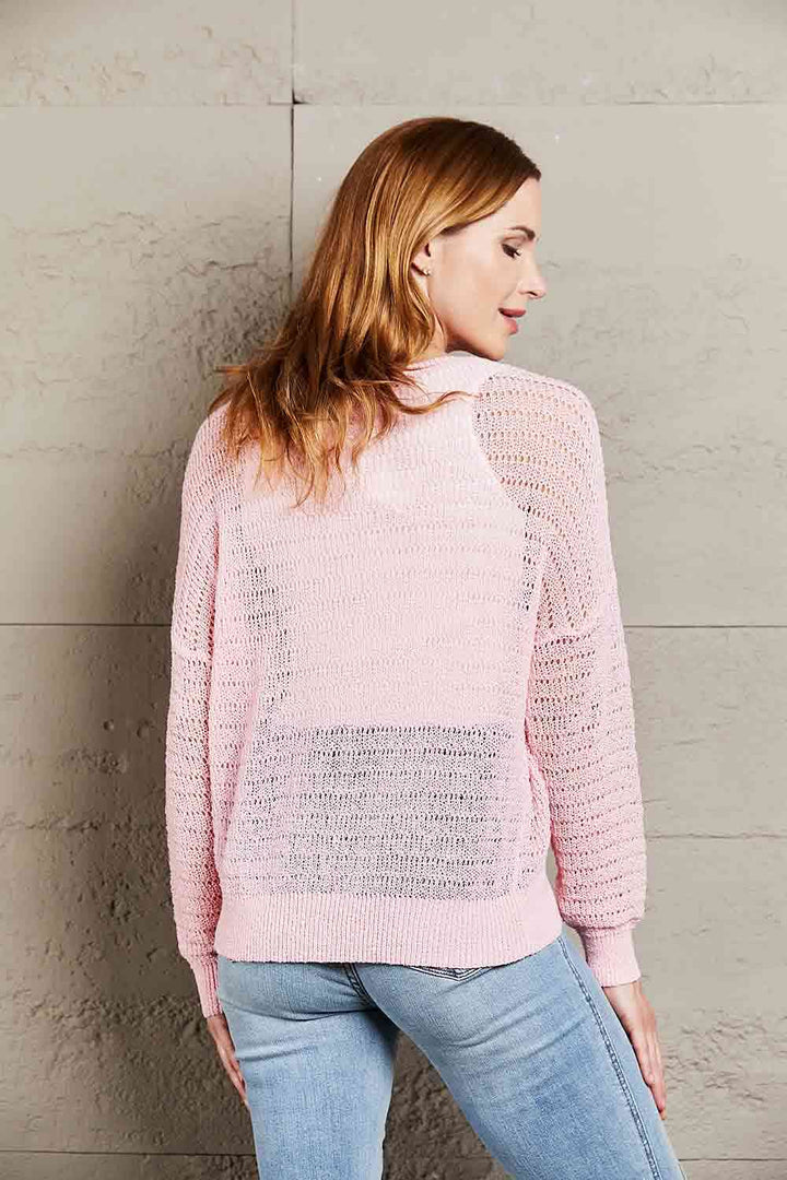 Double Take Openwork Round Neck Dropped Shoulder Knit Top