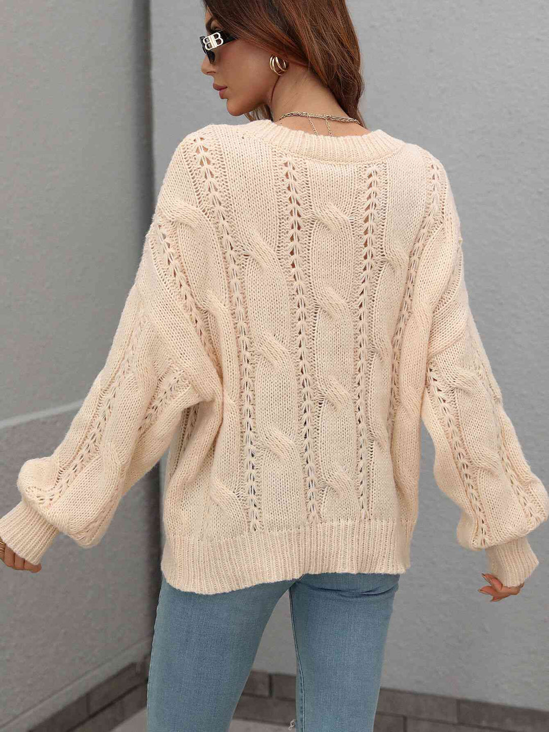 Woven Right Cable-Knit Openwork Round Neck Sweater